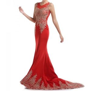 Red, beaded evening gown. Size 8. Full train. Barely worn.
